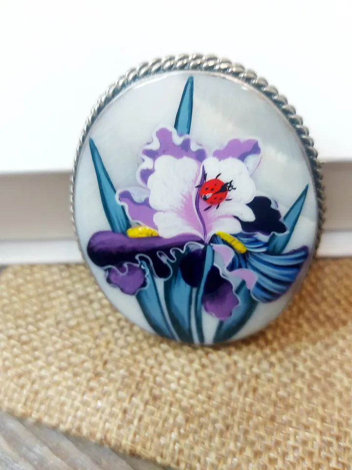Mother-of-pearl Russian brooch "Iris Flower ", Miniature hand-painted, Russian fine art jewelry, Аbalone shell. Russia gift for woman. Pin