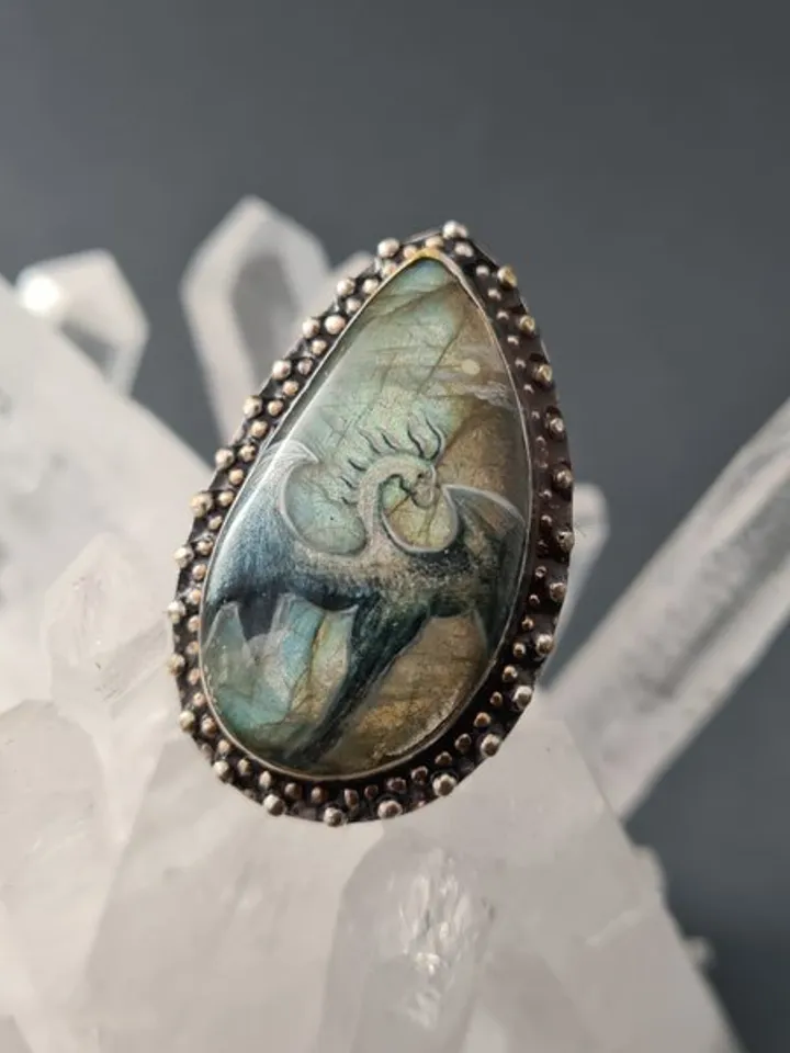 Dragon ring Labradorite ring Stone painting dragon Aaa large labradorite ring