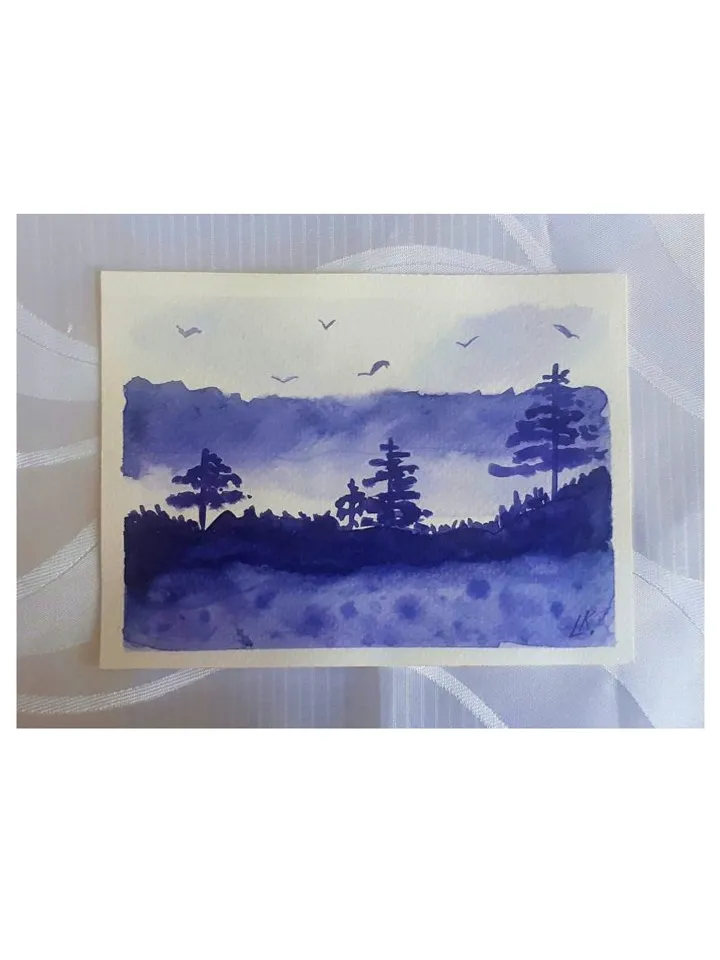 Misty Lilac Forest Watercolor Art Trees Landscape Abstract Painting