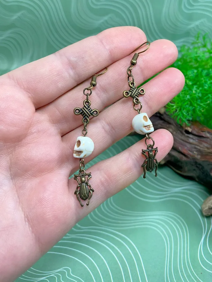 Earrings with skulls and beetles. Handmade bronze earrings.