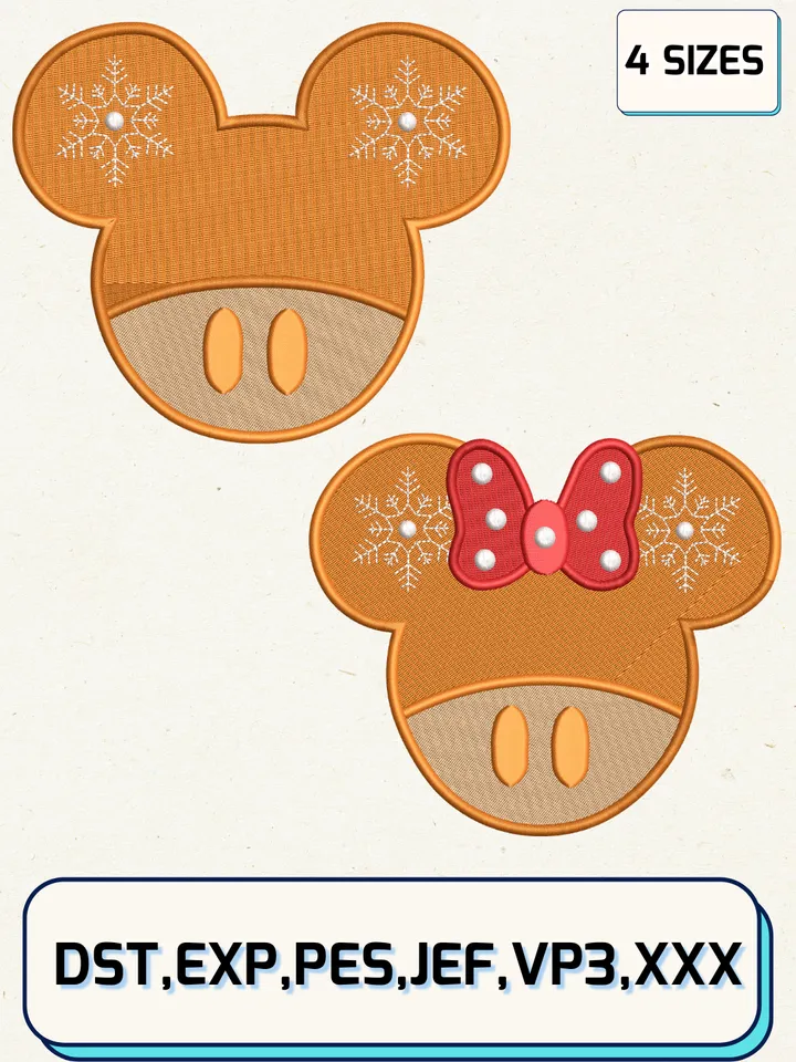 Disney Mickey And Minnie Christmas Gingerbread Cookie Embroidery Design Files,Christmas Embroidery Designs,Machine Embroidery Files,4 Sizes