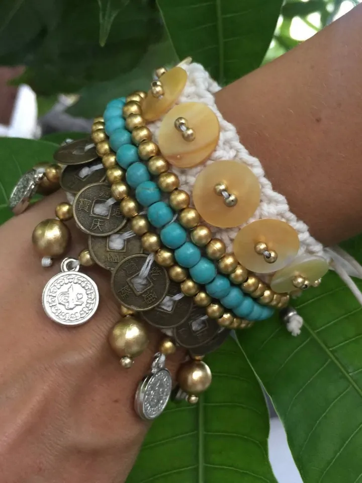 Boho Hippie Coachella Pearl Chinese Coin Bracelet | Macrame crochet tie bracelet | Bohemian Jewerly | shell bracelet bali crochet bohemian