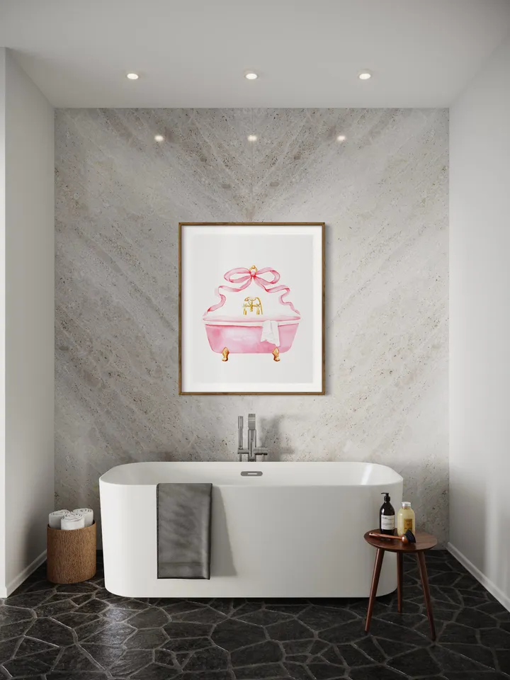 Pink Bathroom Vintage Bow Art Print, Watercolor Painting, Retro Bathroom Decor, Girls Bathroom Decor, Pink Bathtub, Gift For Her, Bath Time