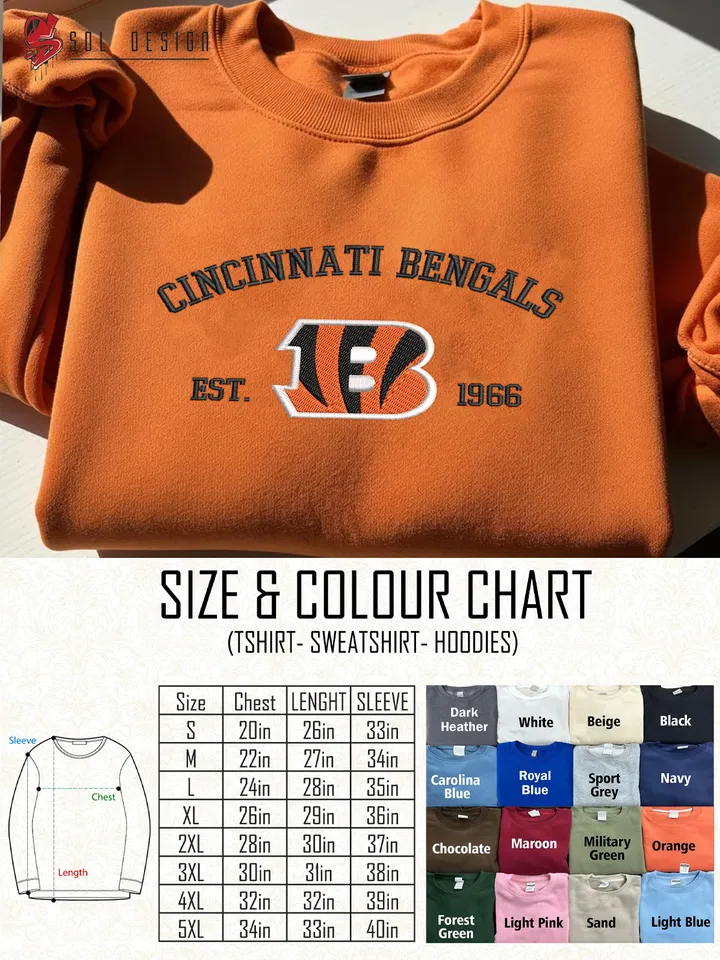 Cincinnati Bengals Est 1966 Embroidered Sweatshirt, NFL Embroidered Sweater, NFL Cincinnati Bengals Shirt, Football Embroidered Hoodie, Unisex Game Day Crewneck, NFL Football Fan Gift Tee
