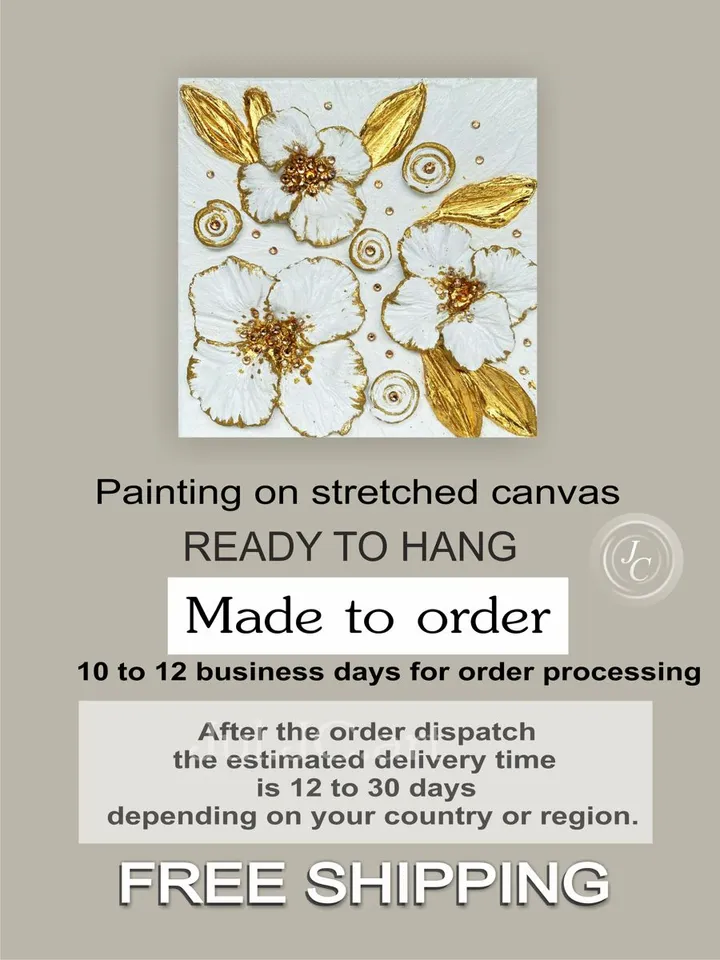 Gold and White Floral artwork with crystals | Poppy Textured painting Flower original art by Juliya JC