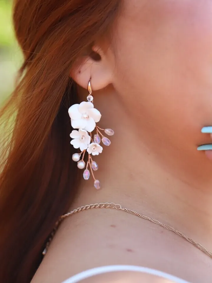 Rose Gold Polymer Clay Flowers Long Boho Wedding Earrings, Swarovski Crystal Statement Pearl Bridal Earrings, Floral Wedding Jewelry Set