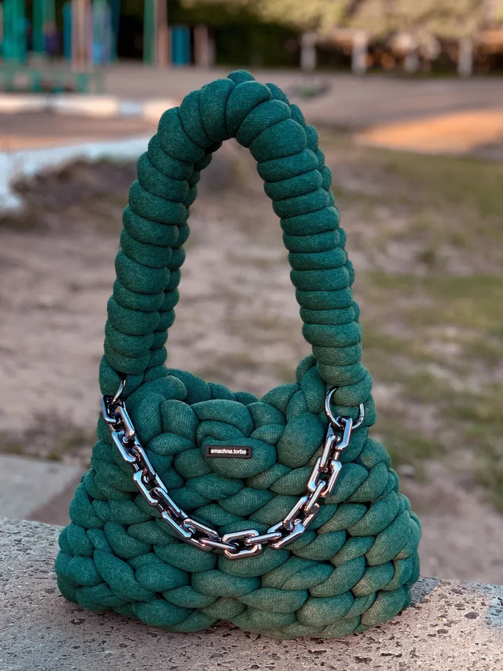 Chunky bag knit pattern PDF and video tutorial, crochet handbag, shoulder purse, vegan knit crossbody, retro style, mini tote