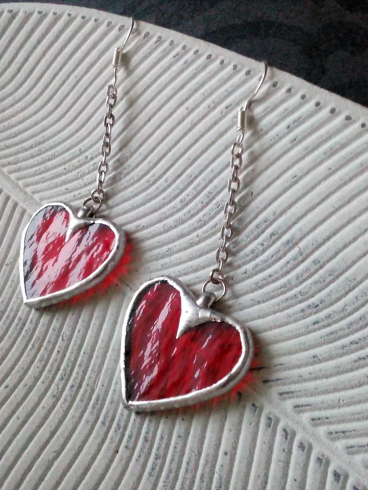 Red Heart glass earrings, valentines, st Valentine, women's heart earrings, kawaii earrings, Love earrings