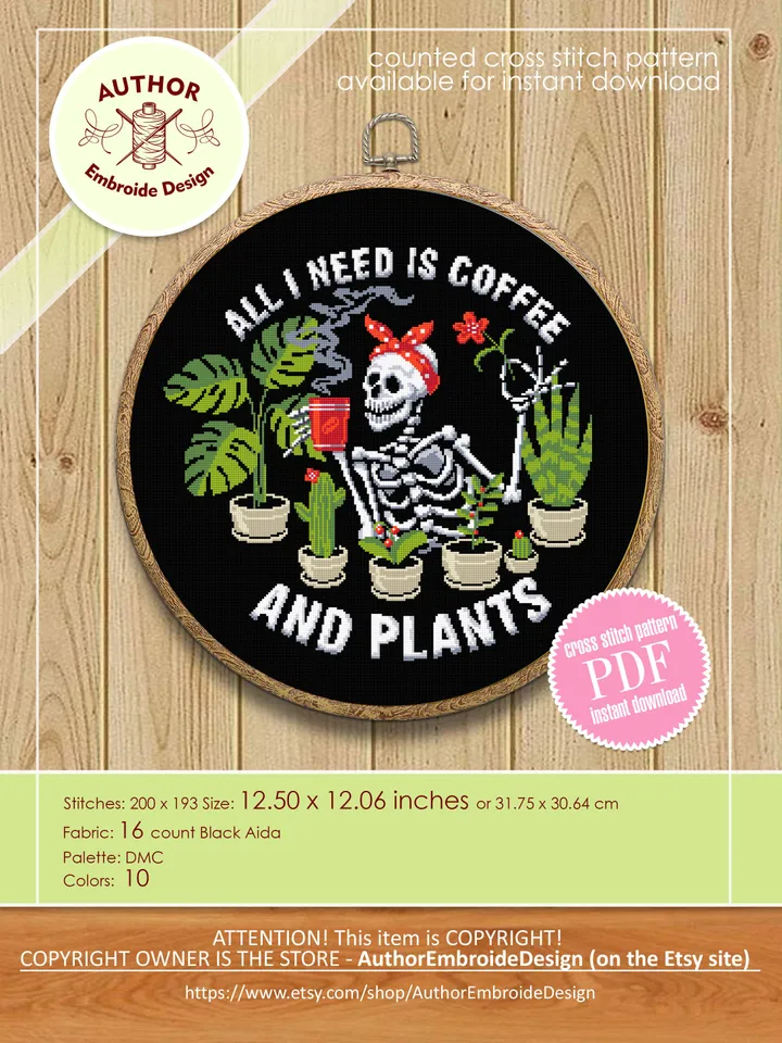 Skeleton plants cross stitch pattern PDF download All i need is coffee and plants, Skeleton cross stitch, Gothic coffee cross stitch #P40