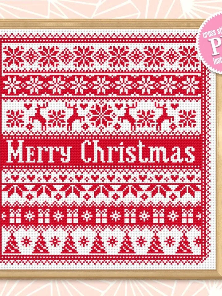 Scandinavian Christmas cross stitch pattern PDF download, Quaker sampler cross stitch chart, Nordic Christmas pattern digital PDF #N72