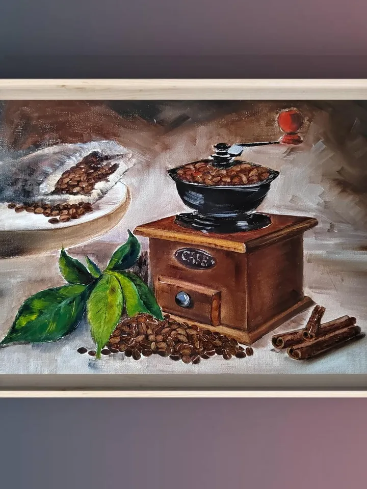 Manual Coffee Mill & Coffee Beans Artwork Original Oil Painting 10.63x15.35 in by ArtCafe