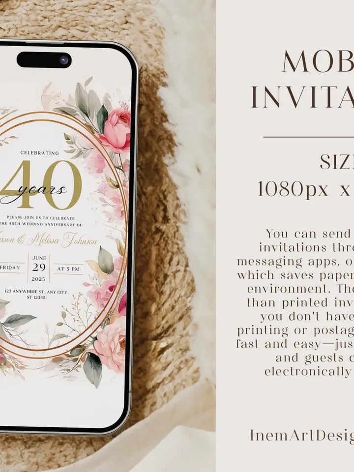 40th Anniversary Party Invitation, 45th, 50th, 60th, 70th, Blush Pink Canva Template 5x7 birthday invitation & evite digital invitation