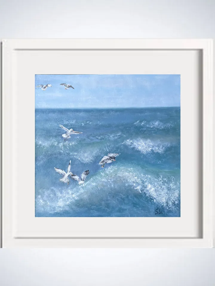 Seagulls Oil Painting Blue Sea And Birds Seascape Original Art 12x12 Inch