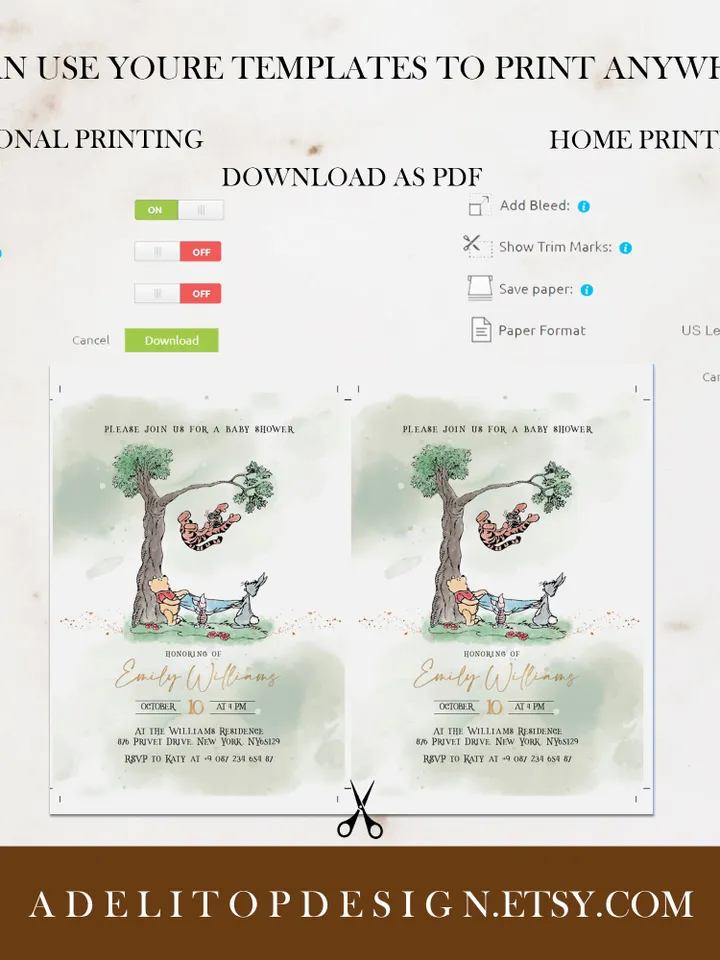 Classic Winnie Pooh Baby Shower Invitation Set; Neutral Baby Shower Template; Wizard Baby Shower Invite; Honey Bear Invite; Winnie Pooh wp9