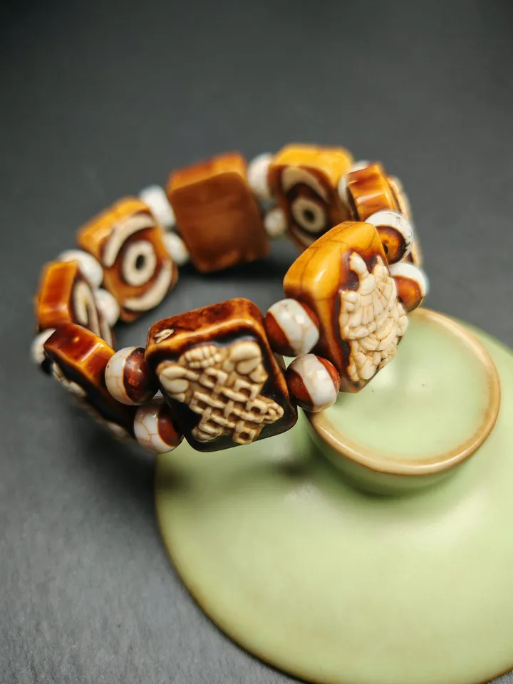 Gandhanra Tibetan Dzi Agate Ashtamangala Bracelet | Eight Auspicious Guardian Symbols | Blessed from Derge Tibet