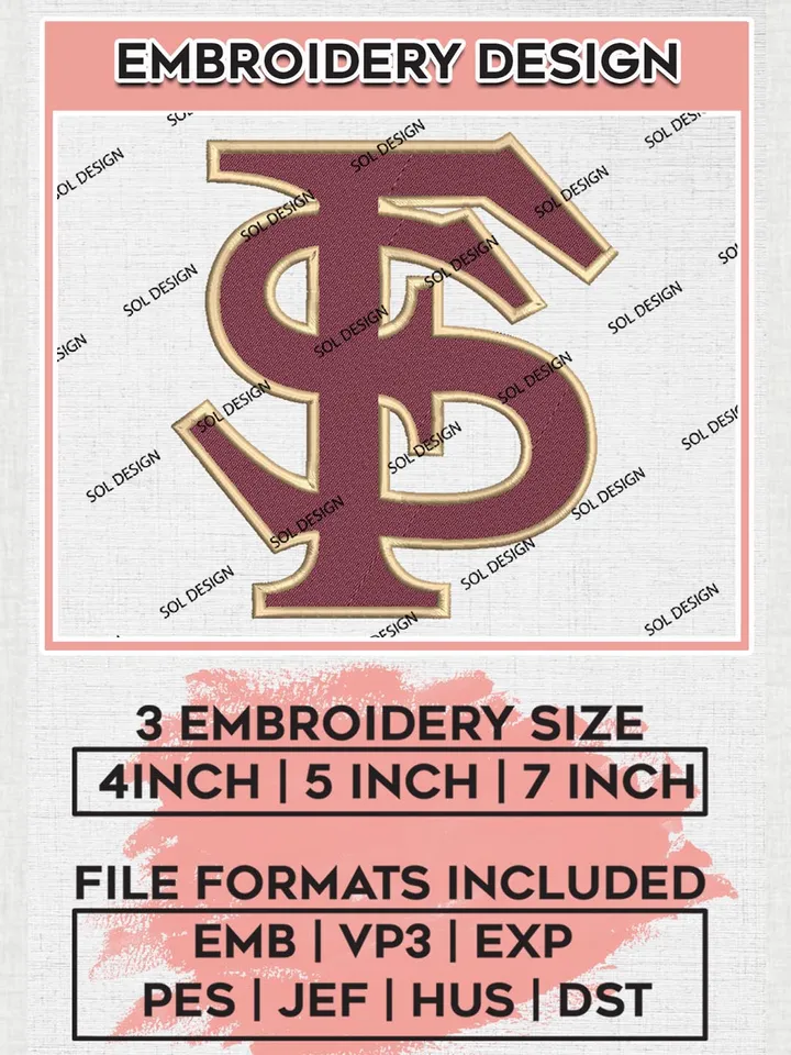 NCAA FS Seminoles Logo Machine Embroidery Design, NCAA Florida State Seminoles Embroidery Design Design files, NCAA Team Embroidery Designs, NCAA Machine Embroidery Designs, Digital Download