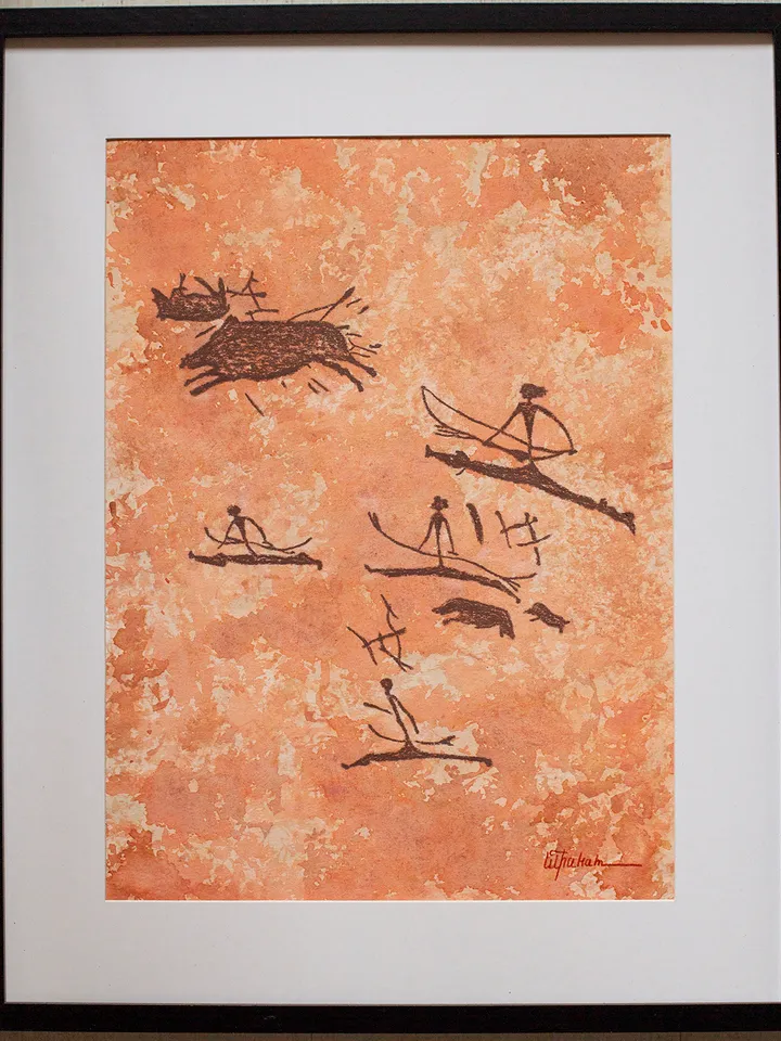 Boar hunting wall art | Original Pastel and Watercolor Artwork Ancient Cave Painting Style 30x40 cm | Hunters Prehistoric art | Handmade Artwork | Archers stylization of rock art | Drawings of a prehistoric man | Modular painting