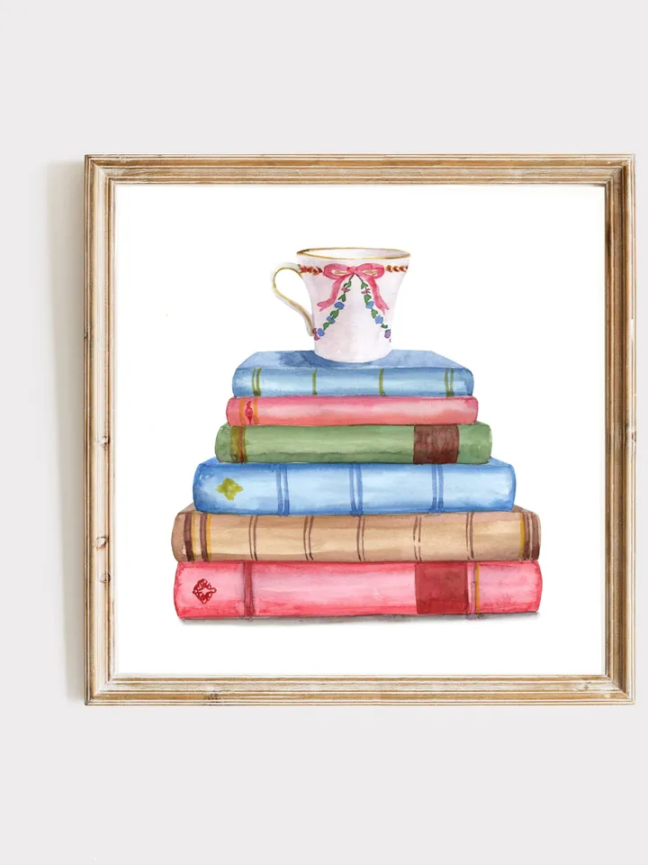 Vintage Book Art Print, Watercolor Painting Poster, Vintage Book Art, Watercolor Book Art, Home Office Wall Art, Stack Of Books, Library Art