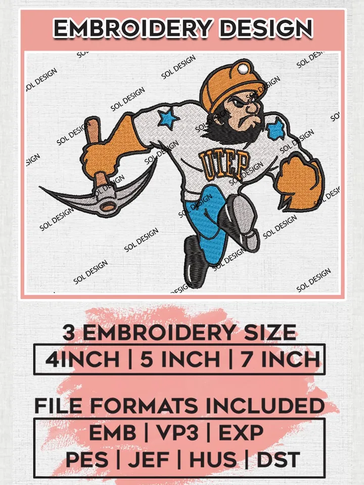 NCAA UTEP Miners College Team Mascot Logo Embroidery Design Files, NCAA UTEP Miners Machine Embroidery, NCAA Teams, 3 sizes, NCAA Machine embroidery designs, Digital Download