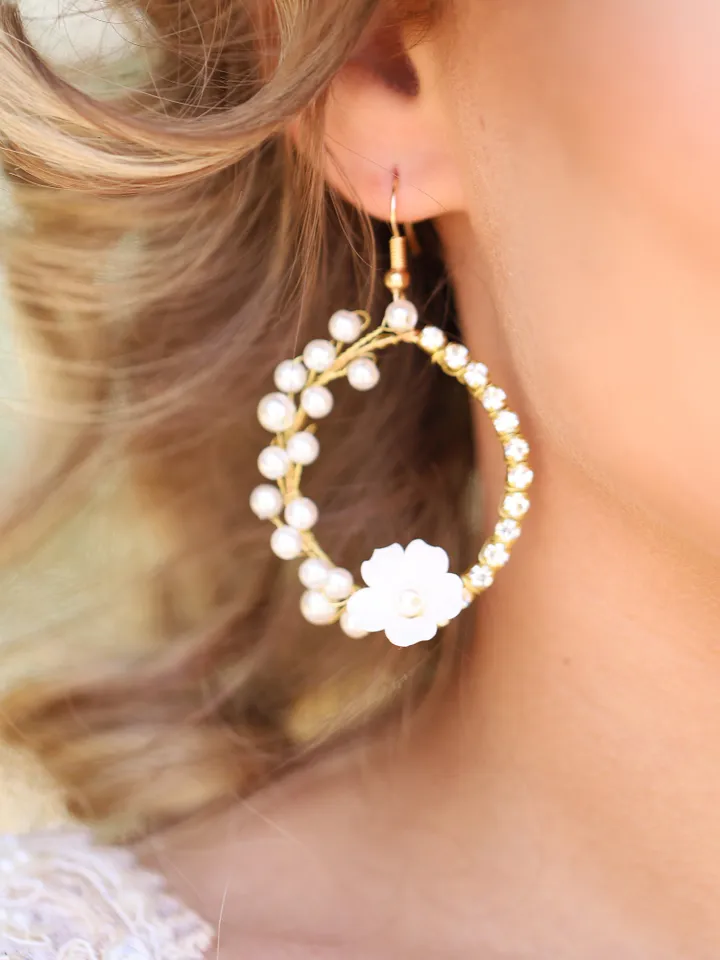 White Rose Earrings, Flower Hoop Earrings, Gold Bridal Earrings, White Floral Earrings, Wedding Earrings, Statement Wedding Earrings Jewelry