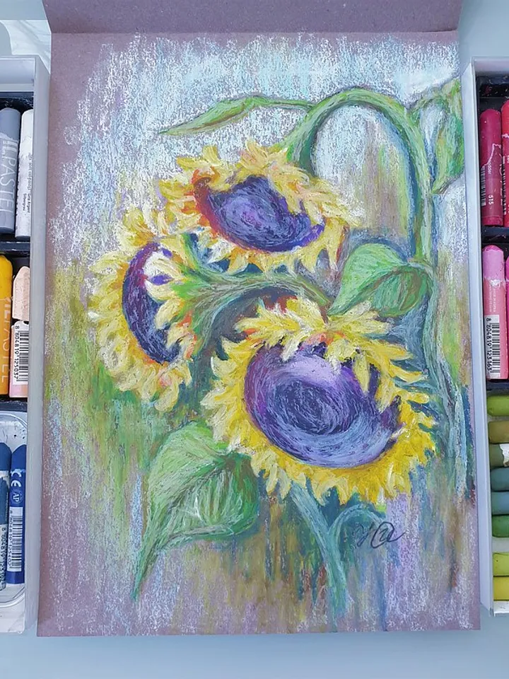 Sunflowers Painting Floral Original Art Flower Wall Art Oil Pastel Painting