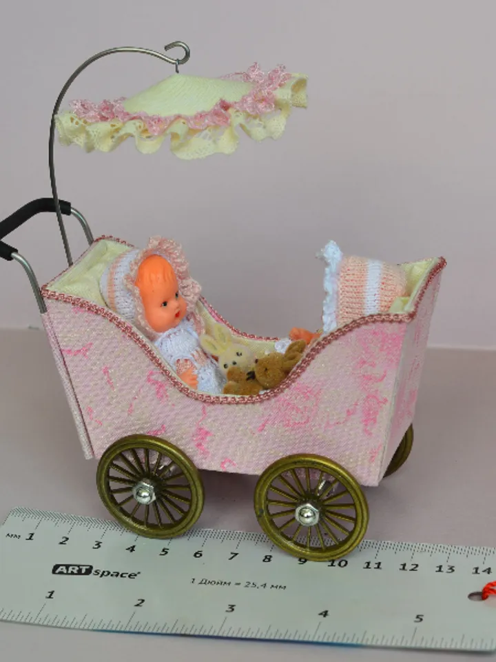 Miniature toy stroller for two small dolls. Handmade miniature stroller for small dolls. Stroller for dolls 2,76"(7 cm.)