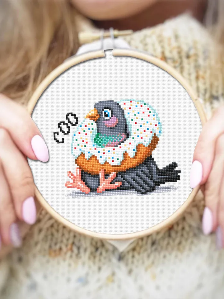 Pigeon with donut cross stitch pattern PDF download Funny bird cross stitch chart, Small pigeon pattern digital PDF, Bird lover gift #K54