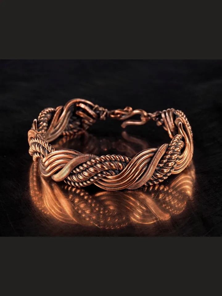 Wire wrapped bracelet, Unique 7th 22nd Anniversary gift idea, Art Nouveau antique style, One of kind braided statement bangle, Handmade oxidized pure copper jewelry, Pain relief, EMF protection