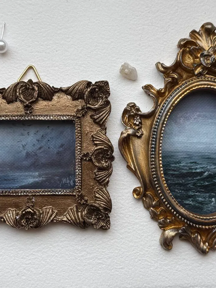 Small Landscape Painting Framed Original Storm Waves Antique Ocean Art Coastal Antique Frame Tiny Paintings 3 x 4 Art Victorian artwork