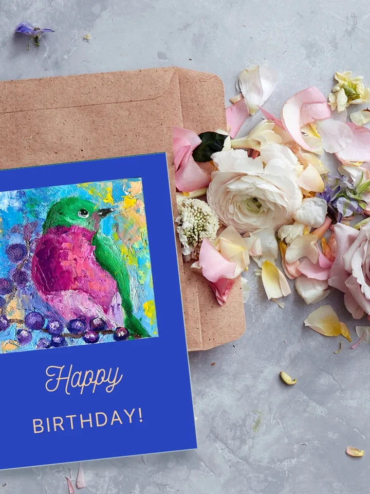 Digital Download, Bird Birthday card, Hand Painted Card, Printable bird, Birthday E-Card, Robin painting