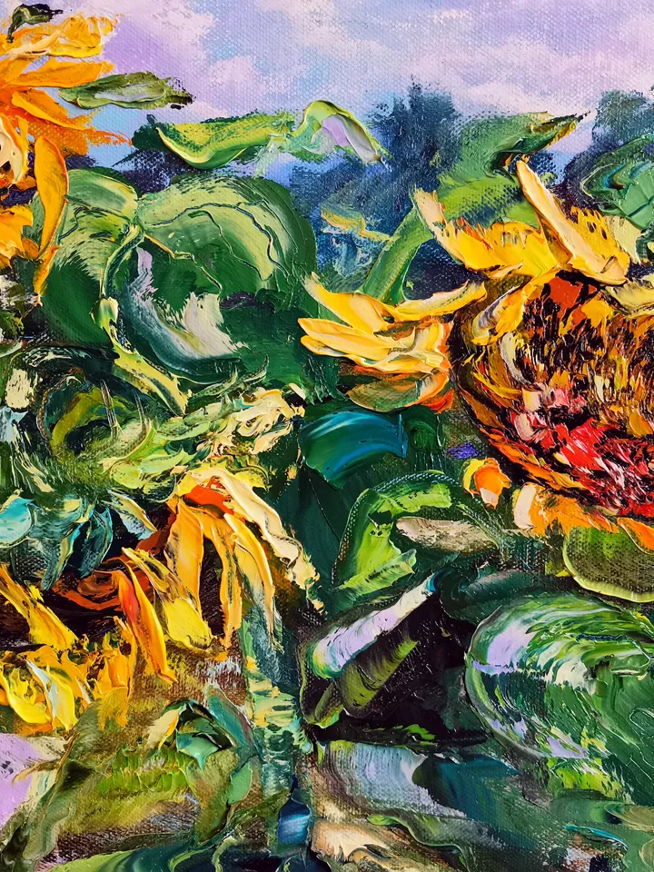 Oil Painting Field Sunflowers Landscape Impasto Original Artist Svinar Oksana