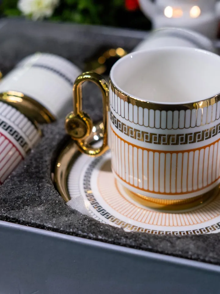90 ml Creative Handle Elegant Orange & Gold Design Porcelain Coffee Cup Set | Luxurious Durable Cup Set Perfect Gift First Mothers Day Gift