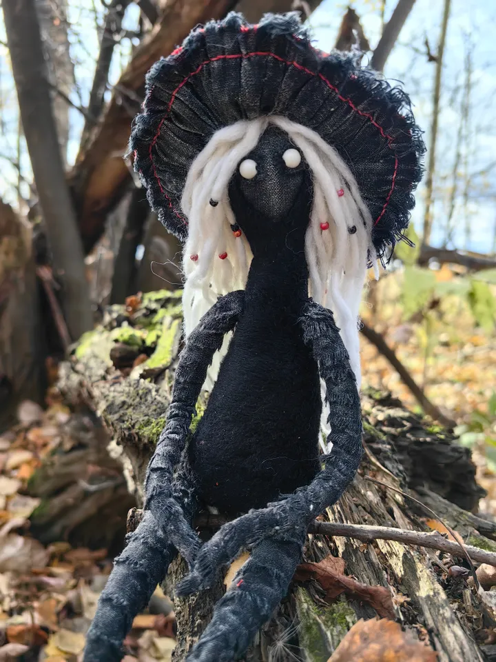 Mushroom art doll Fantasy creature Forest spirit doll Gothic figurine Shelf sitters Black witch goddess Weird art doll