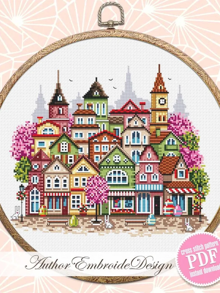 Spring houses cross stitch pattern PDF download Easter cross stitch, Spring city pattern digital, Urban landscape with cherry blossoms #E19