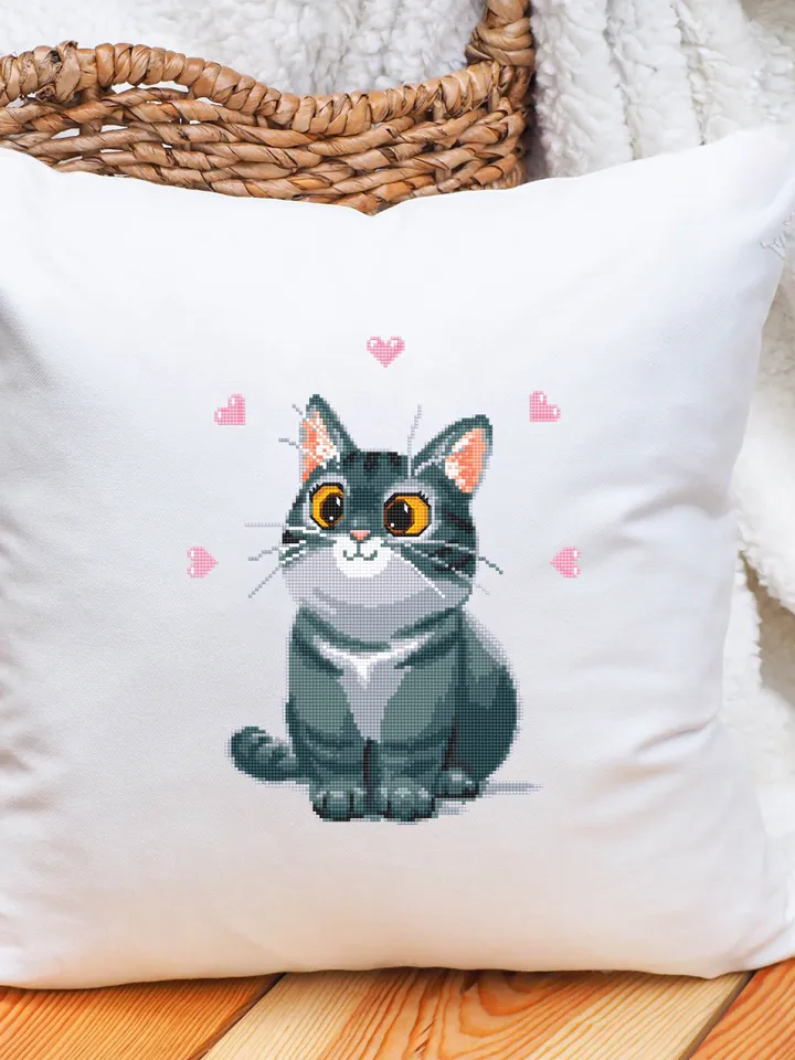 Cute gray cat cross stitch pattern download PDF Animal cross stitch chart, Cat hand embroidery PDF, Easy cross stitch Gift for cat lover #K3