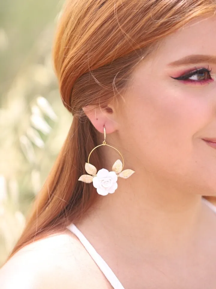 Gold Porcelain Flower Hoop Boho Wedding Earrings, Statement Crystal Leaves Boho Bridal Earrings, Floral Bridal Jewelry, Leaf Wedding Jewelry