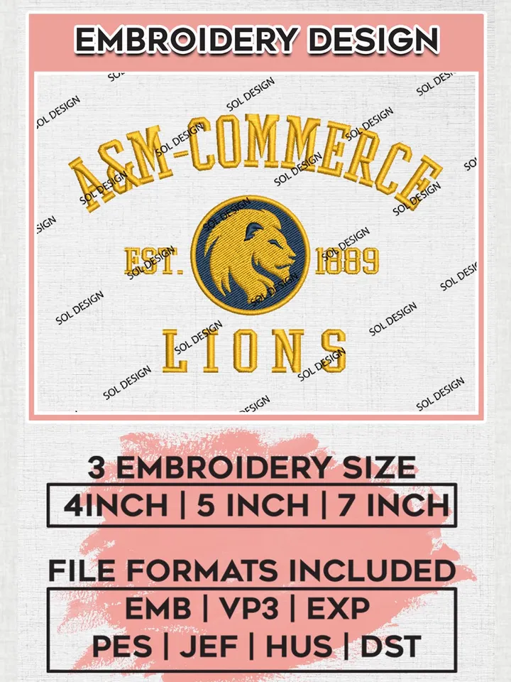 Texas A&M Commerce Lions Est 1889 Logo Embroidery Designs, NCAA Texas AM Commerce Lions Team Embroidery, NCAA Team Logo, 3 sizes, Machine embroidery Files, Digital Download