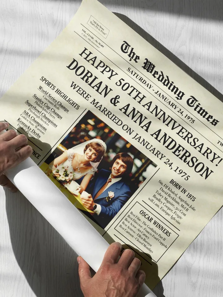 50th Wedding Anniversary Gift for Parents — 1975 Newspaper Poster, Back in 1975 Printable Decor, 50 Years Married Digital Download