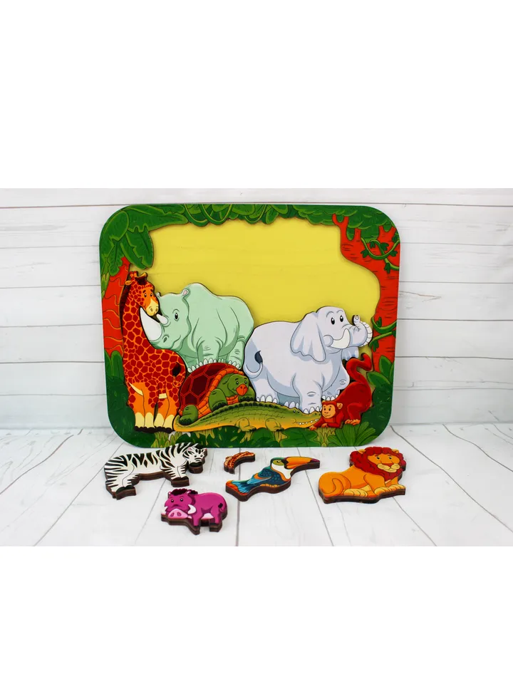 Wooden Puzzle - african jungle anim, Montessori toddler toy, jigsaw board
