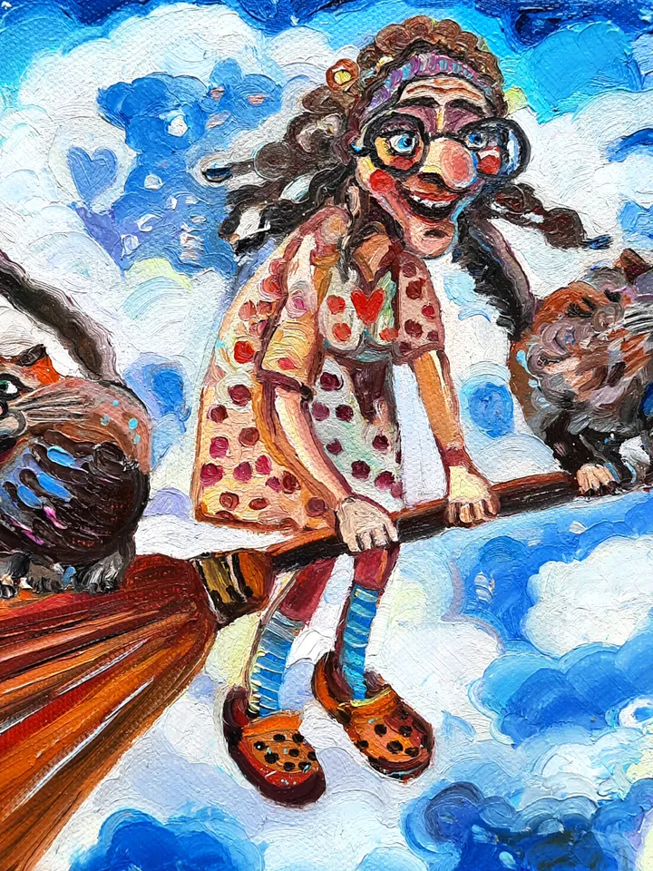 Funny Grandmother with the cats Original Oil Painting Oil on Canvas Small Painting