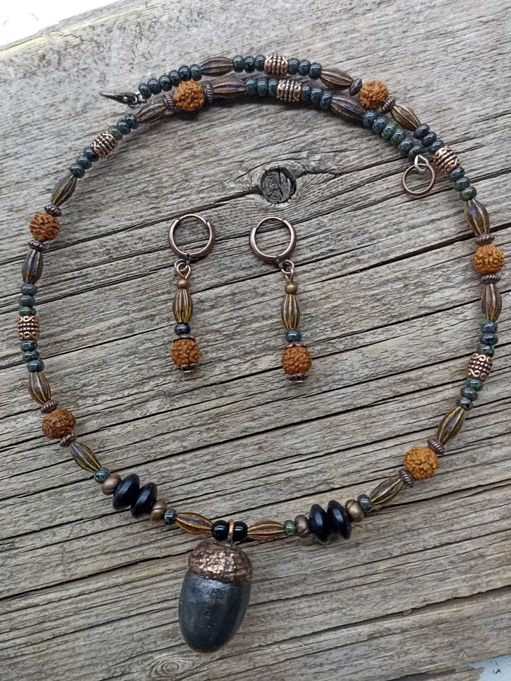 Acorn necklace brown and copper color Choker with real electroformed acorn, silverberry seeds and rudraksha on memory wire