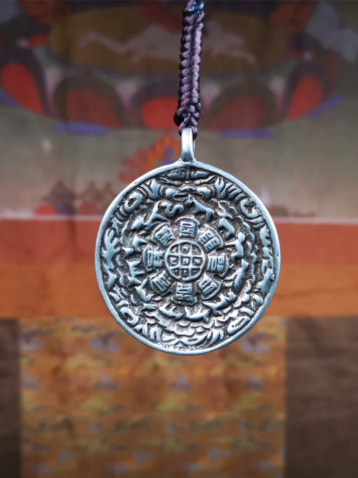 Gandhanra Acient Tibetan Buddhist Amulet,Kirtimukha Melong,Calendar Badge,SIPAHO(srid pa ho),Made of White Copper,1.7&quot;