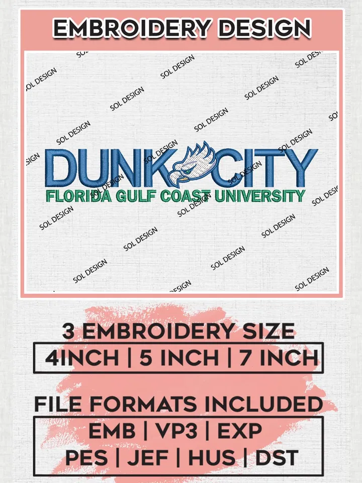 NCAA Dunk City Team Logo Embroidery Design Files, NCAA Florida Gulf Coast Eagles Machine Embroidery, NCAA Teams, 3 sizes, NCAA Machine embroidery designs, Digital Download