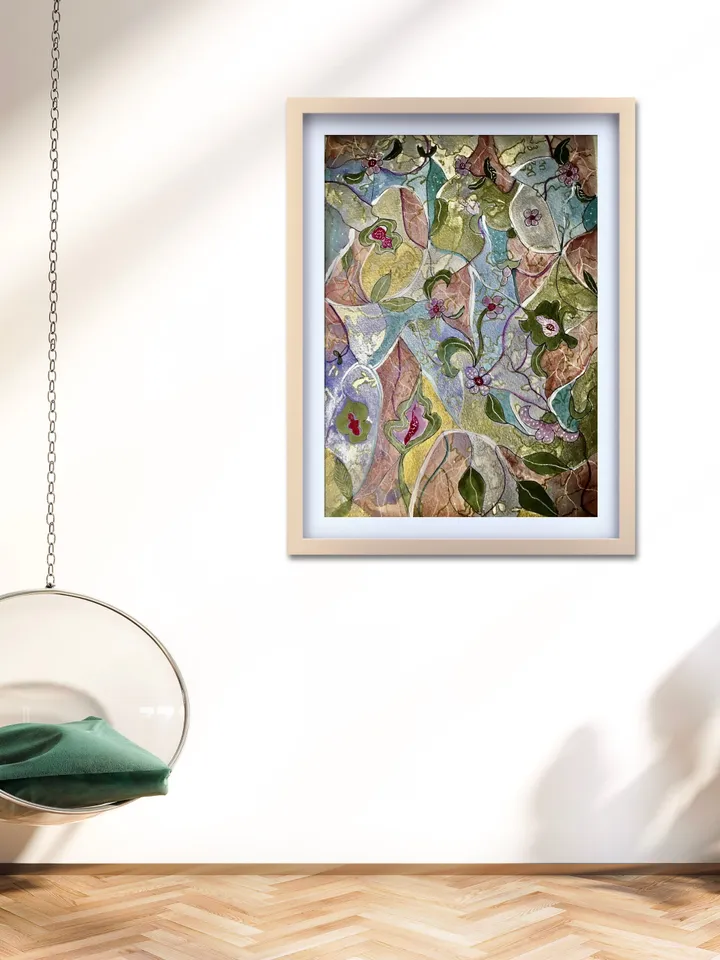 Abstract floral watercolor original artwork, fantasy wall art, pastel and golden colors wall art,one of a kind,wall decoration,gift