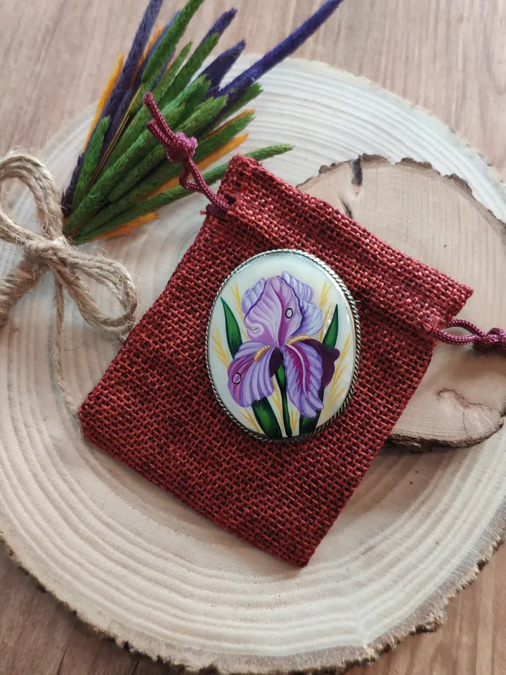 Brooches for women: Dainty pink Iris painted on lacquer brooch • Elegant jewelry pin with floral design • Impressive blossom pearl brooch