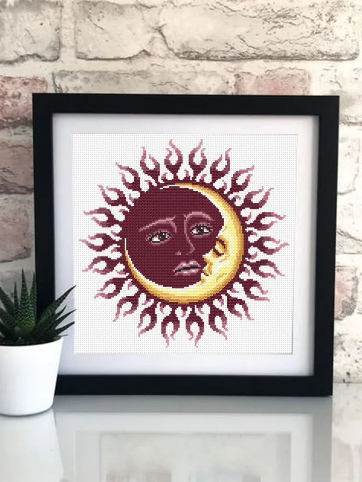 Mandala sun and moon cross stitch pattern PDF download Sun mandala cross stitch chart, Sun moon pattern digital PDF, Crescent moon #M185