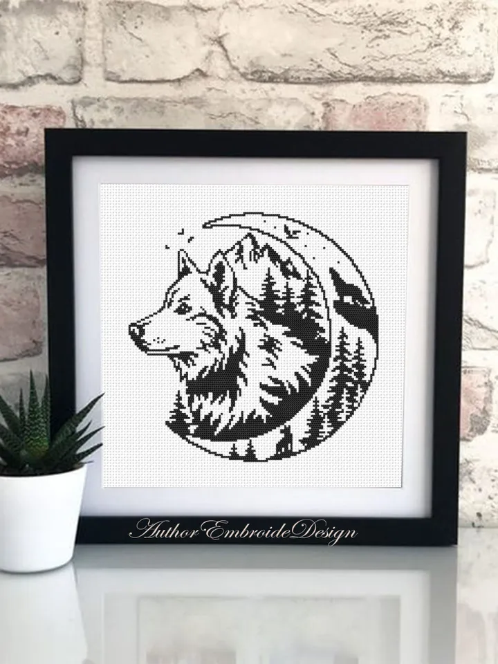 Wolf moon cross stitch pattern PDF download Silhouette wolf cross stitch chart, Monochrome nature pattern digital PDF, Forest landscape #L77