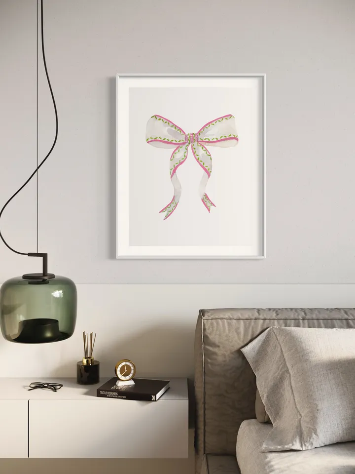 Pink Bow Watercolor Print, Baby Girl Gift, Nursery Room, Pink And White, Pink Bow Wall Art, Girly Wall Art, Vintage Bow, Green Bow Print