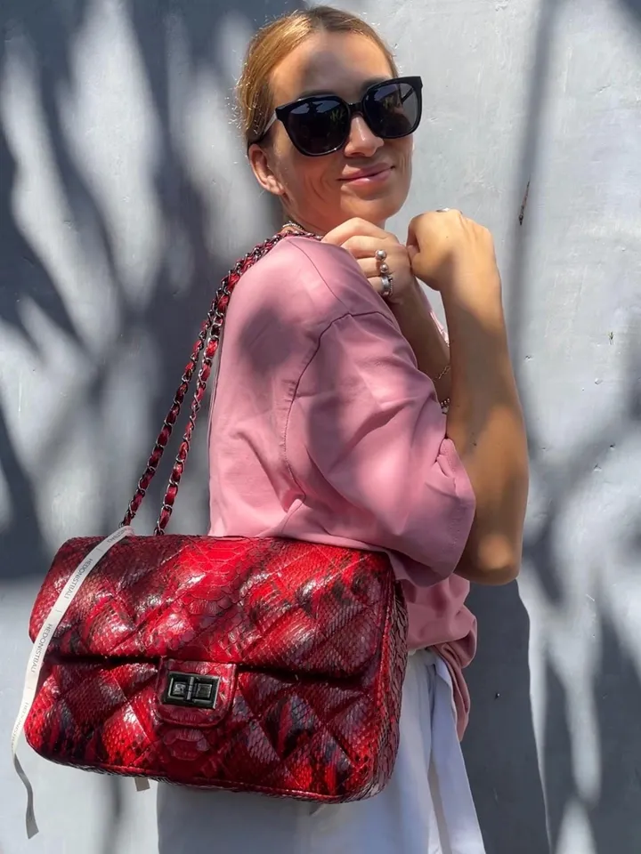 Genuine python skin classy stitched big crossbody | designer women leather handbag |red snakeprint bag | crossbody purse | gift for her