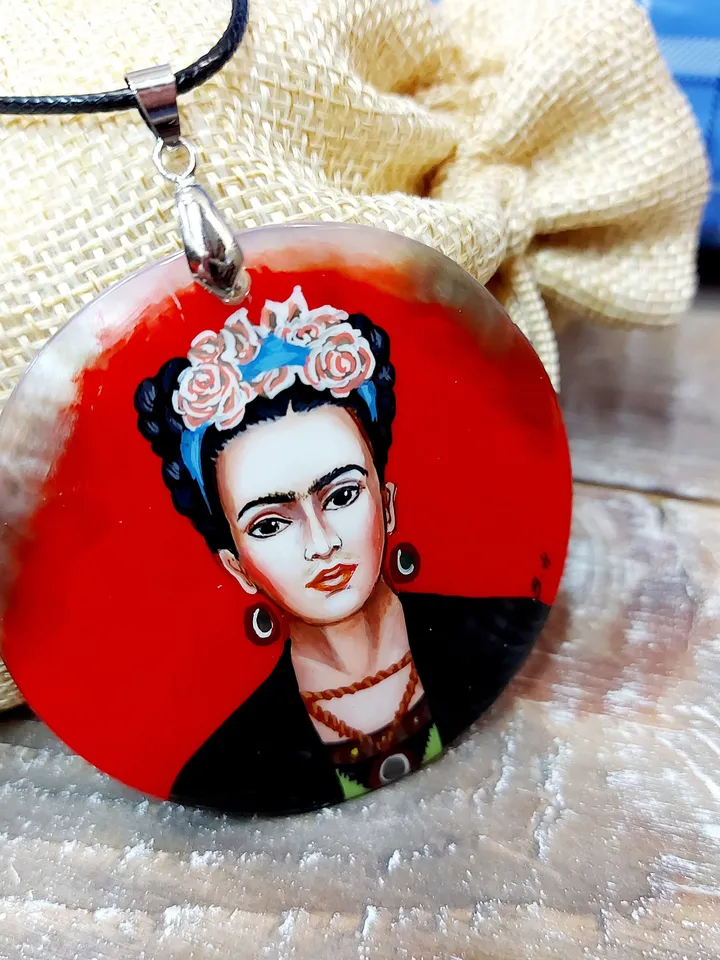 Russian jewelry: Red Self-portrait by Frida Kahlo on statement pendant. Fedoskino art painting on mother of pearl necklace. Gift for sister